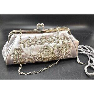 Vintage Silver Gray Embroidered Satin Evening Clutch Detachable Straps JJ4229